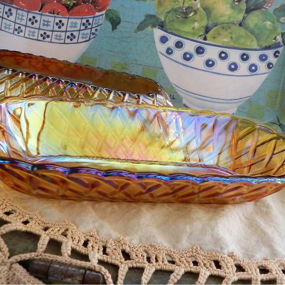 Vintage INDIANA Carnival Glass Marigold Pretzel Pattern Celery Relish Dish